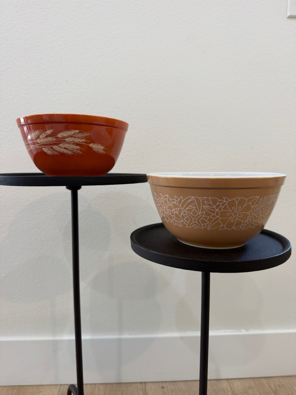 Pyrex Brown and Rust Mixing Bowls with White Floral Patterns